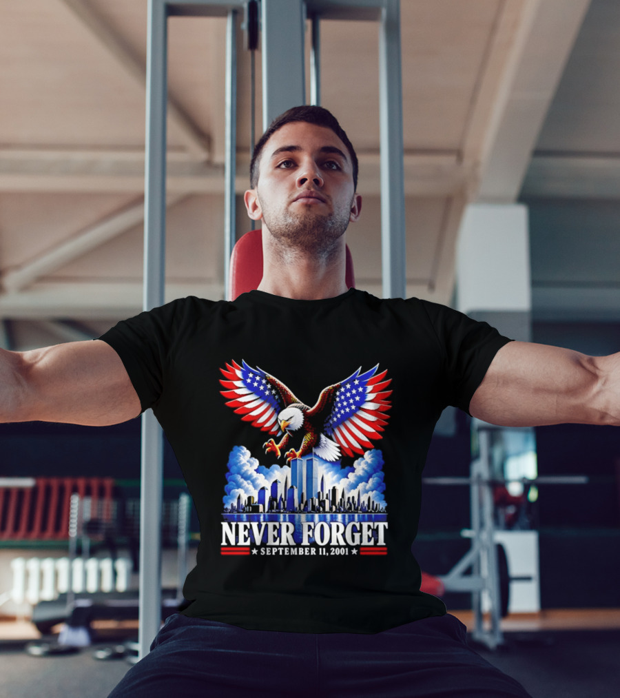 Never Forget September 11 2001 Eagle American Flag Twin Towers Memorial T-Shirt