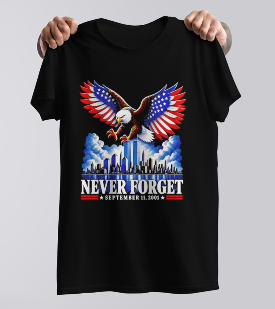 Never Forget September 11 2001 Eagle American Flag Twin Towers Memorial T-Shirt
