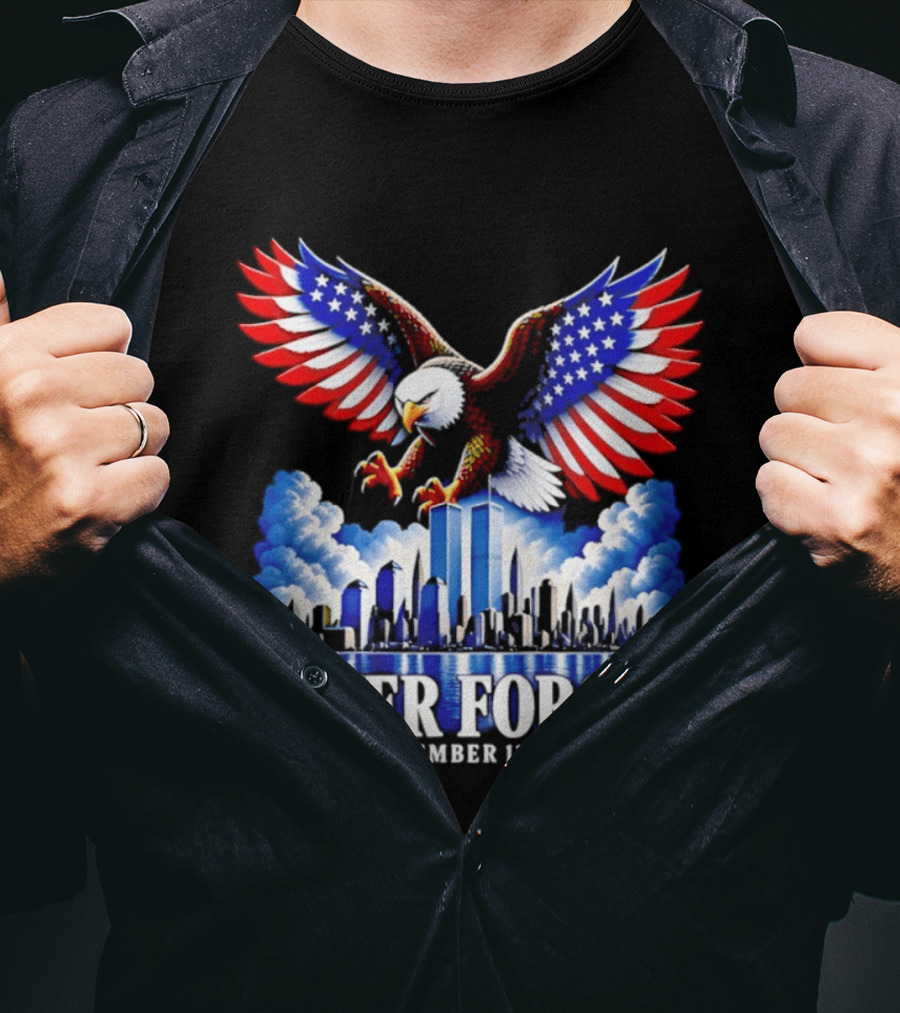 Never Forget September 11 2001 Eagle American Flag Twin Towers Memorial T-Shirt