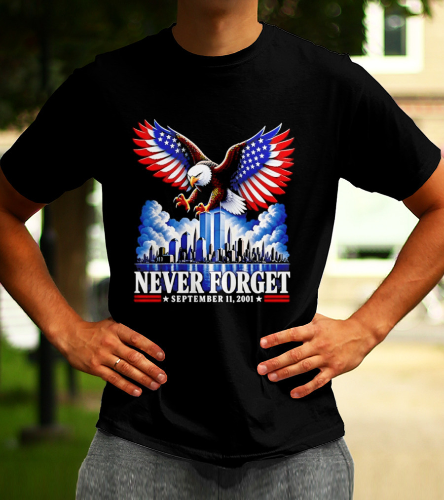 Never Forget September 11 2001 Eagle American Flag Twin Towers Memorial T-Shirt