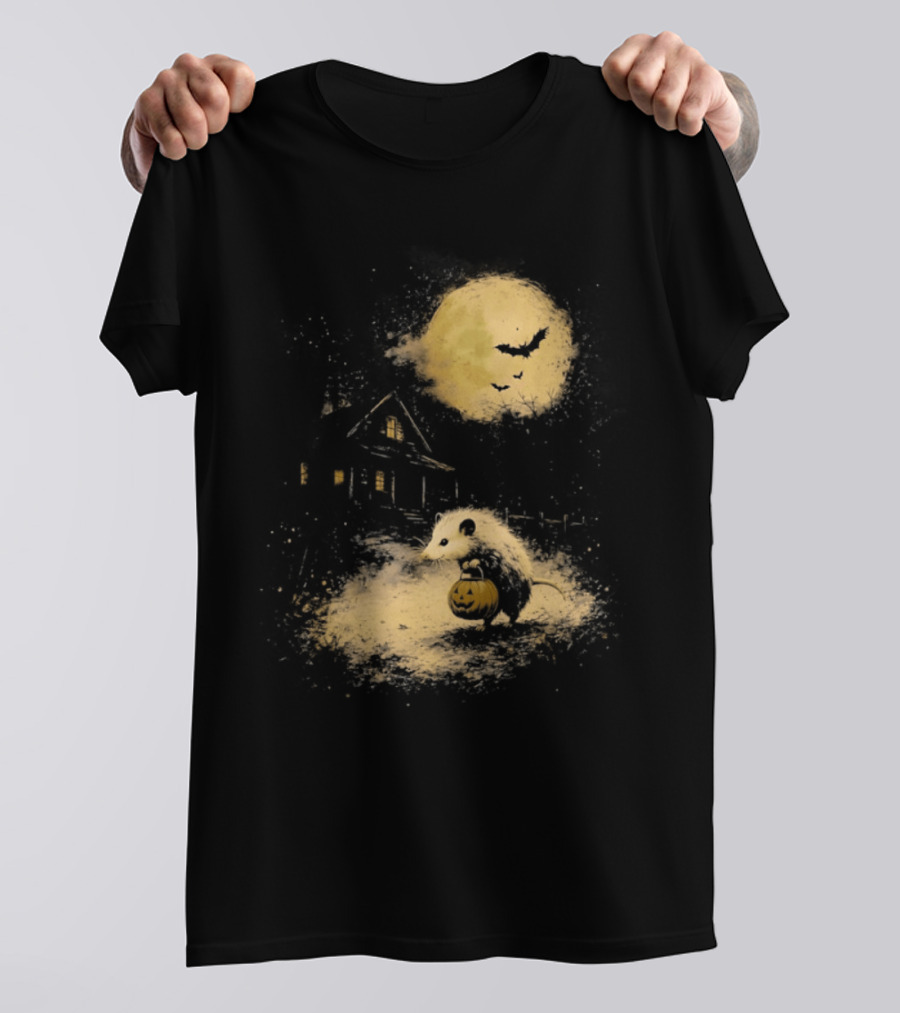 Opossum Halloween 2026 Pumpkin Spooky Moon Haunted House Scene T-Shirt