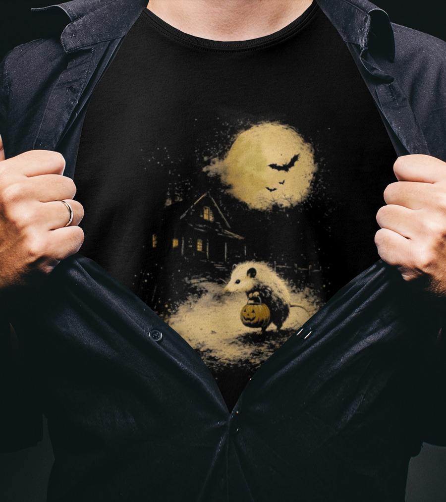 Opossum Halloween 2026 Pumpkin Spooky Moon Haunted House Scene T-Shirt