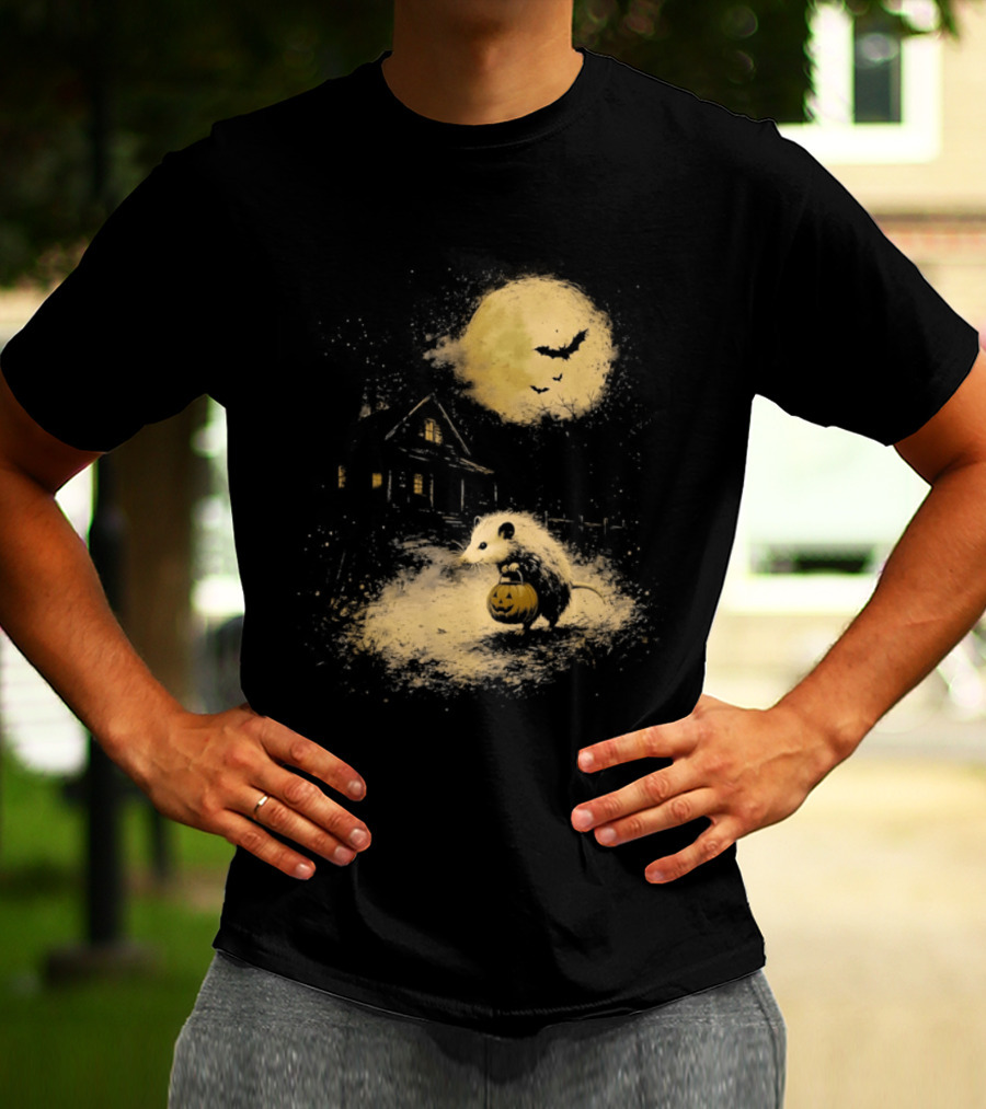 Opossum Halloween 2026 Pumpkin Spooky Moon Haunted House Scene T-Shirt