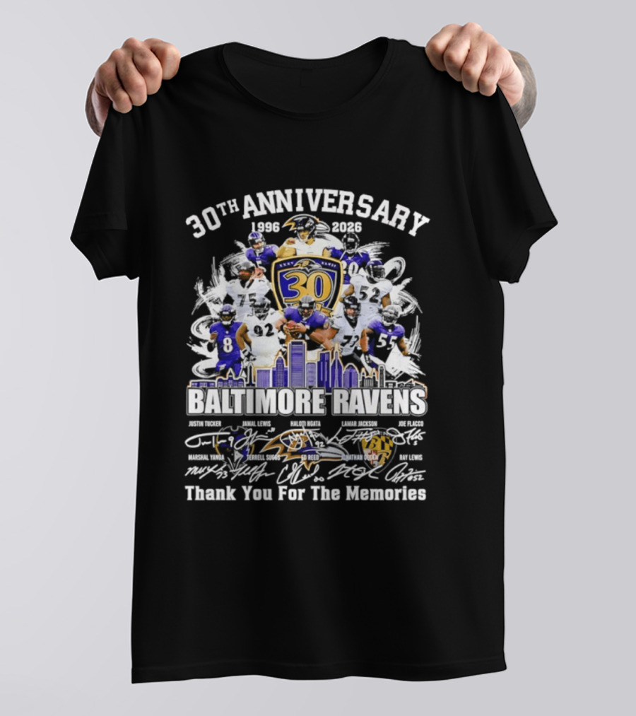 30th Anniversary Baltimore Ravens 1996 2026 Thank You For The Memories Signatures T-Shirt