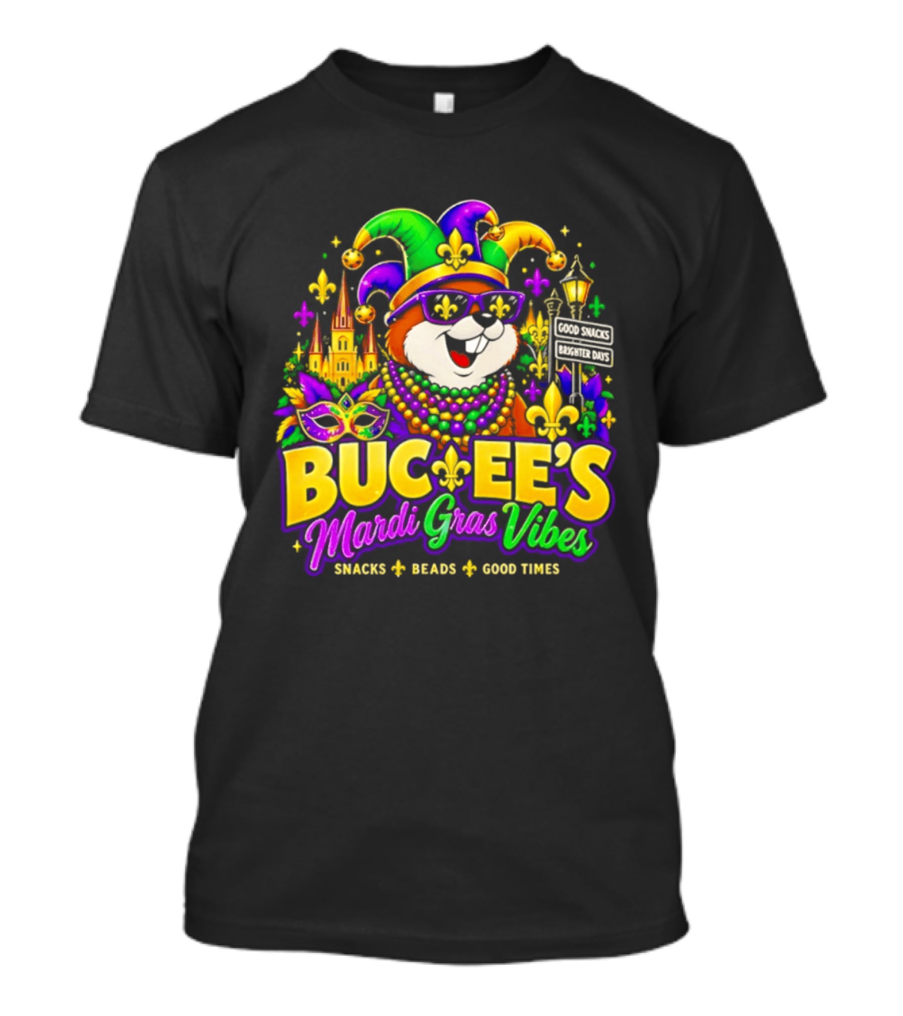 Buc Ee's Mardi Gras Vibes Snacks Beads Good Times T-Shirt