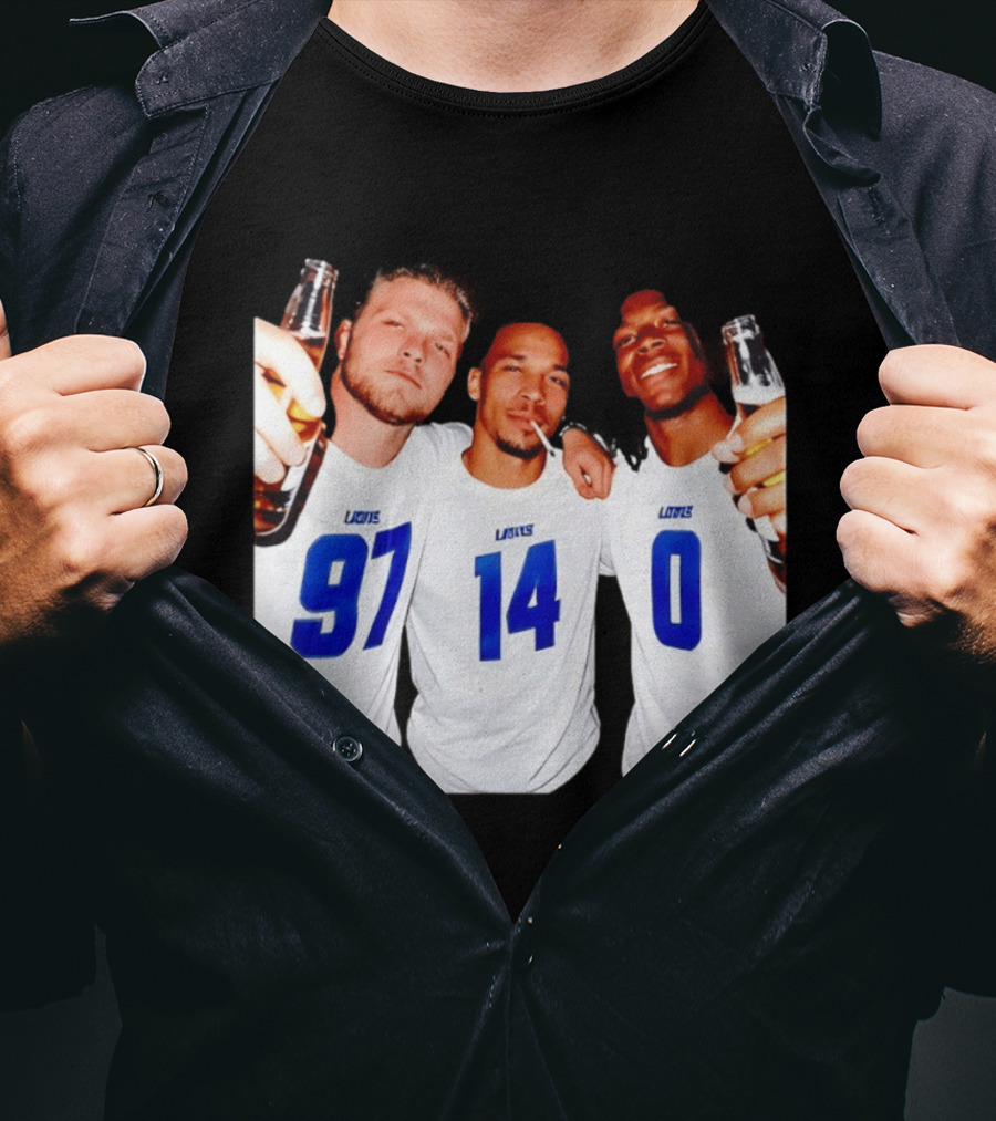 Detroit Lions Aidan Hutchinson Amon Ra St. Brown Jahmyr Gibbs Holding Beer Bottles Smoking Celebration T-Shirt