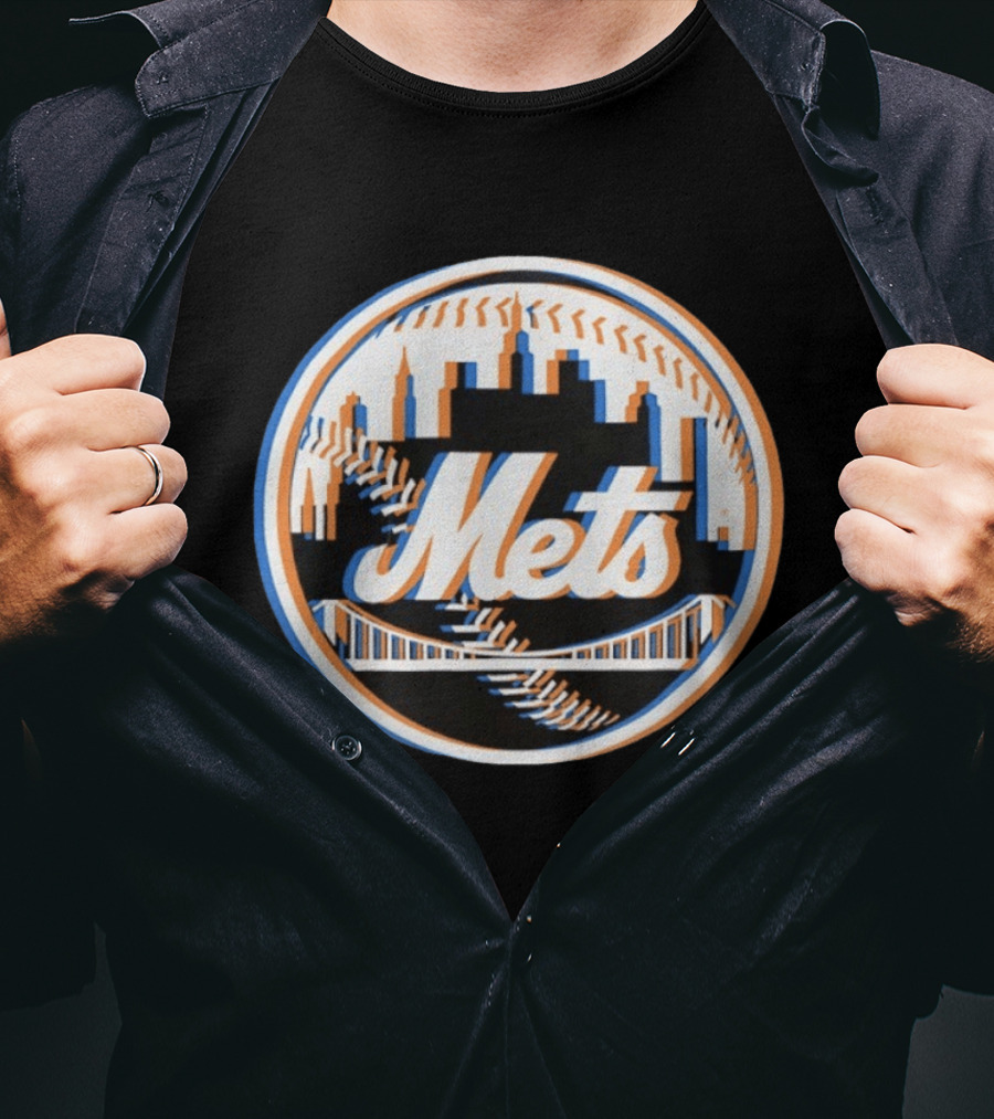 New York Mets Glitch 2026 MLB Season Skyline Bridge Baseball T-Shirt