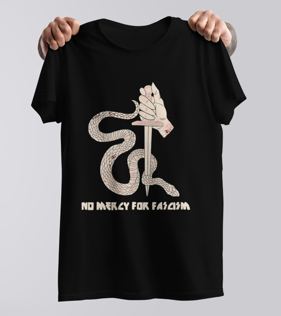 No Mercy For Fascism Snake Winding Around Dagger And Hand T-Shirt