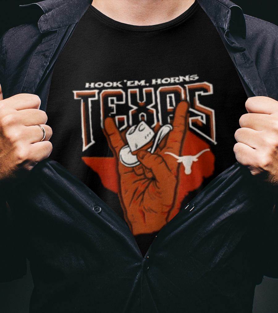 Hook 'em Texas Longhorns Hand Sign With Cowboy Hat And Longhorn T-Shirt