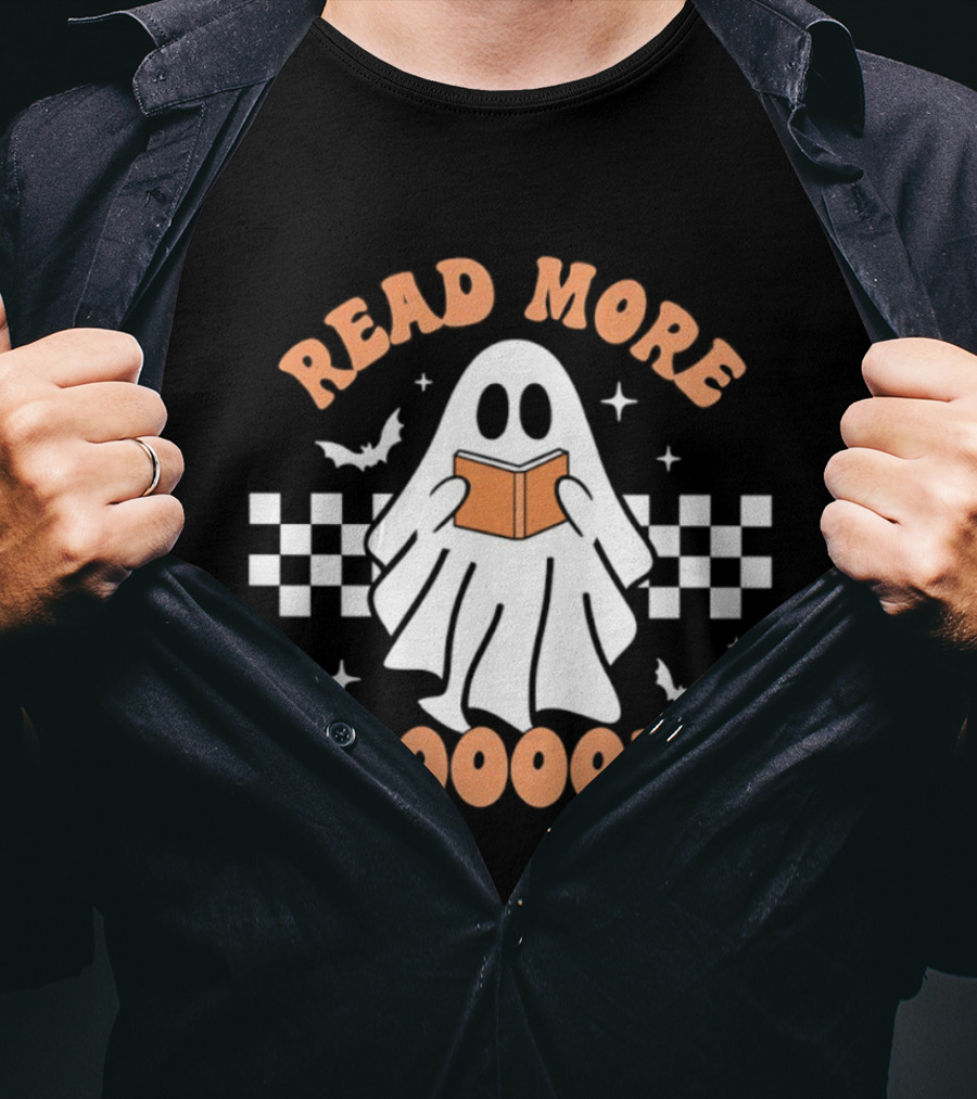 Read More Booooks Ghost Halloween Bat Checkerboard T-Shirt