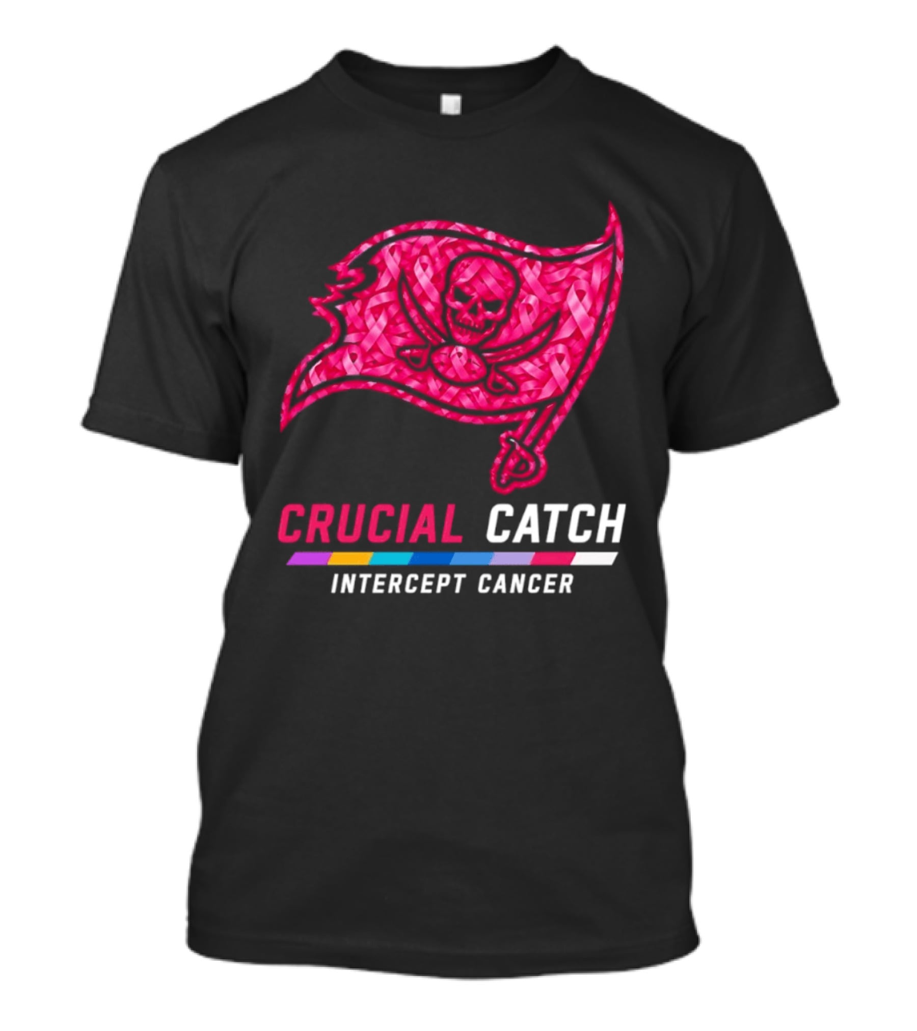 Tampa Bay Buccaneers 2026 Crucial Catch Intercept Cancer Pink Ribbon Flag T-Shirt