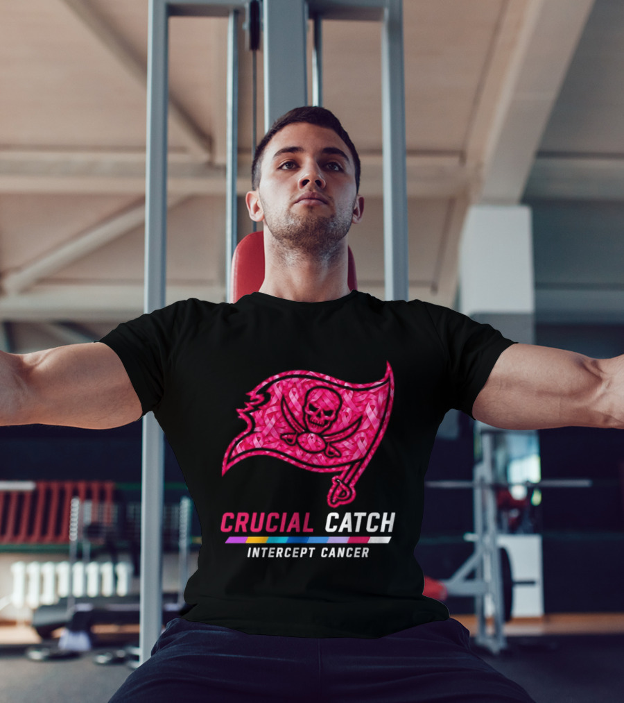 Tampa Bay Buccaneers 2026 Crucial Catch Intercept Cancer Pink Ribbon Flag T-Shirt