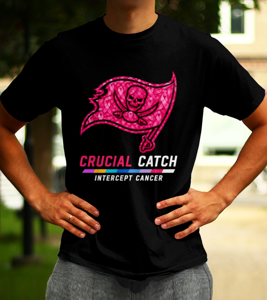Tampa Bay Buccaneers 2026 Crucial Catch Intercept Cancer Pink Ribbon Flag T-Shirt
