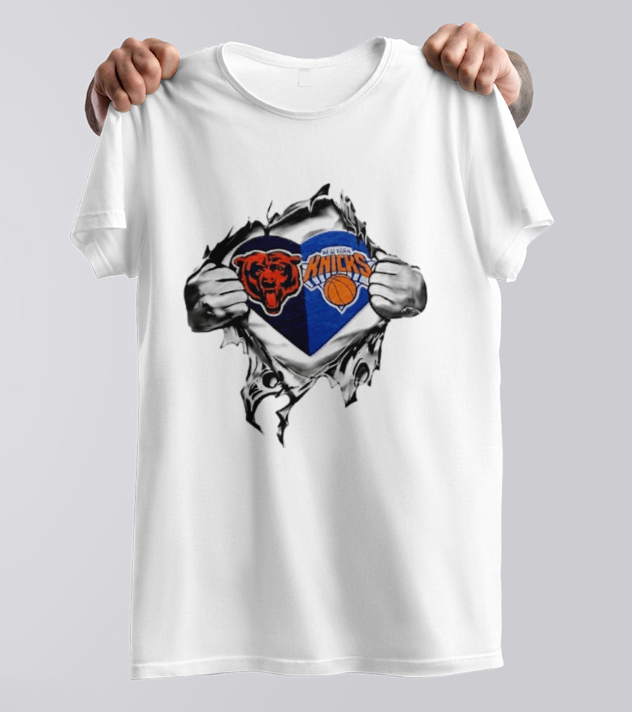 Chicago Bears New York Knicks Heart Symbol Fan Pride Collaboration T-Shirt