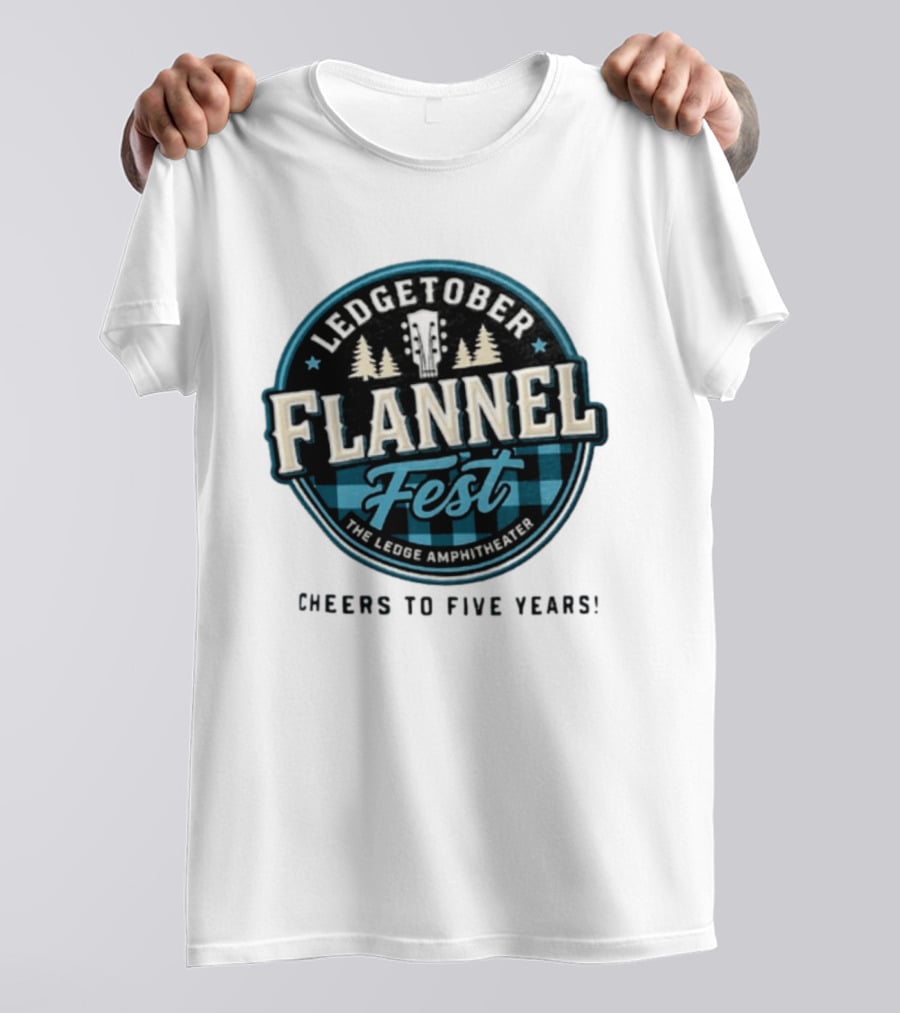 LedgeTober Flannel Fest The Ledge Amphitheater Cheers To Five Years Celebration With Trees And Guitar T-Shirt