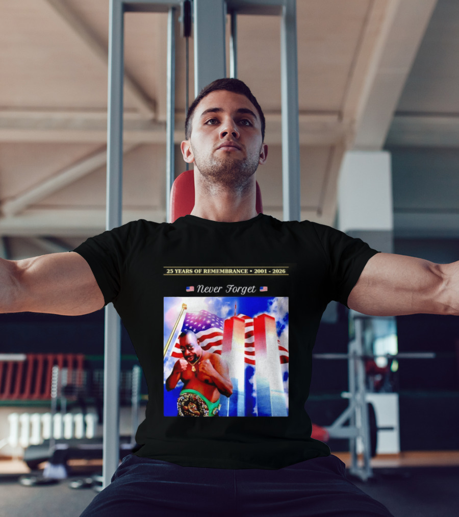 25 Years Of Remembrance 2001 2026 Beetlejuice Never Forget Twin Towers Boxing Belt American Flag T-Shirt