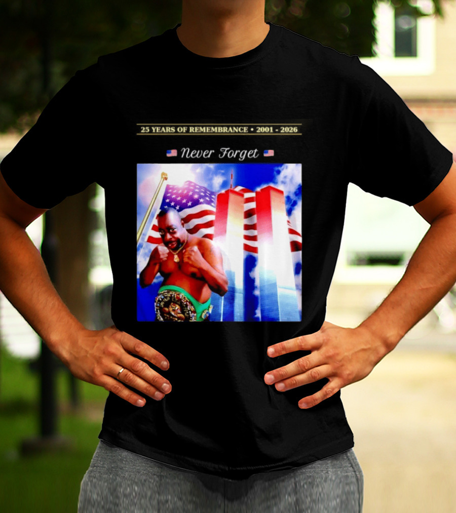 25 Years Of Remembrance 2001 2026 Beetlejuice Never Forget Twin Towers Boxing Belt American Flag T-Shirt