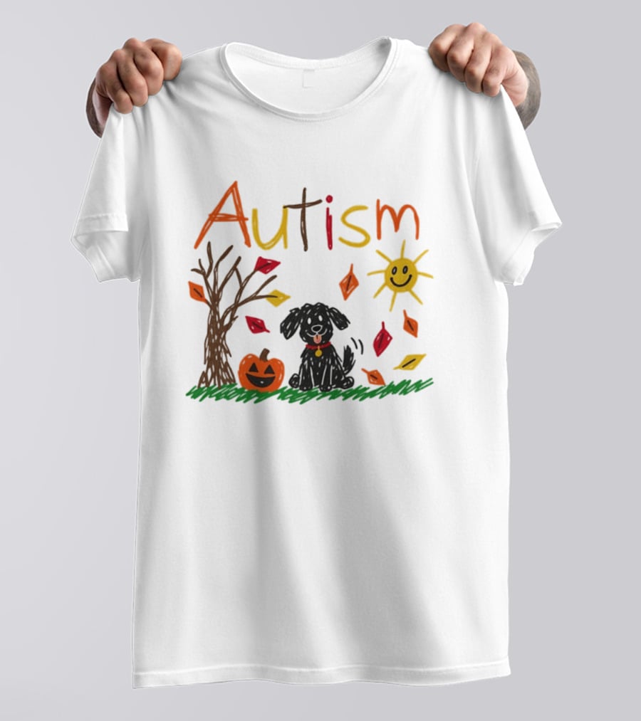 Autism Dog Pumpkin Halloween Fall Leaves Drawing T-Shirt