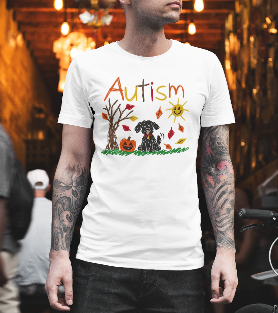 Autism Dog Pumpkin Halloween Fall Leaves Drawing T-Shirt