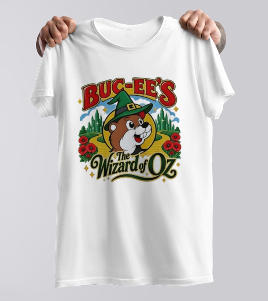 Buc Ee's The Wizard Of Oz Themed Parody With Beaver In Green Hat And Yellow Brick Road T-Shirt