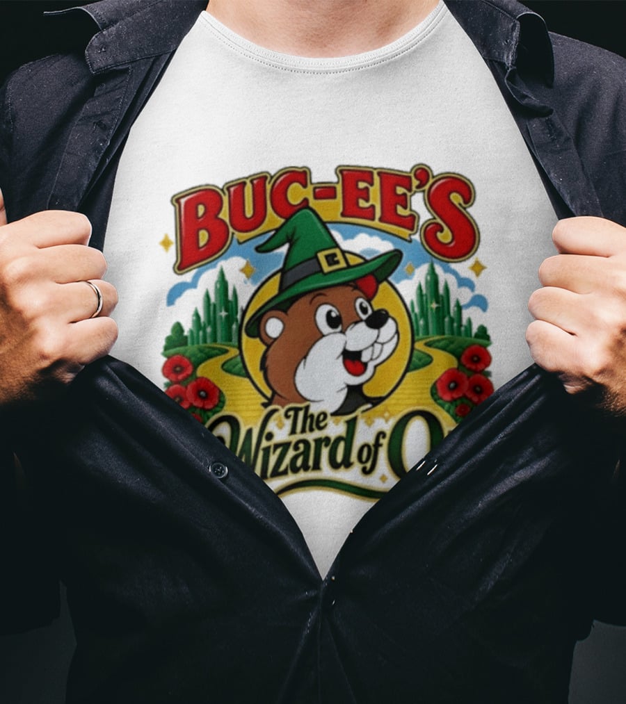 Buc Ee's The Wizard Of Oz Themed Parody With Beaver In Green Hat And Yellow Brick Road T-Shirt
