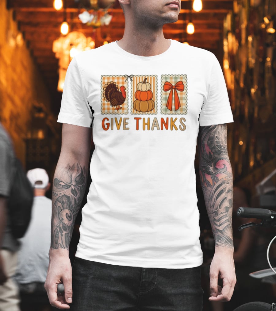 Thanksgiving Give Thanks Turkey Pumpkin Bow Harvest Celebration T-Shirt