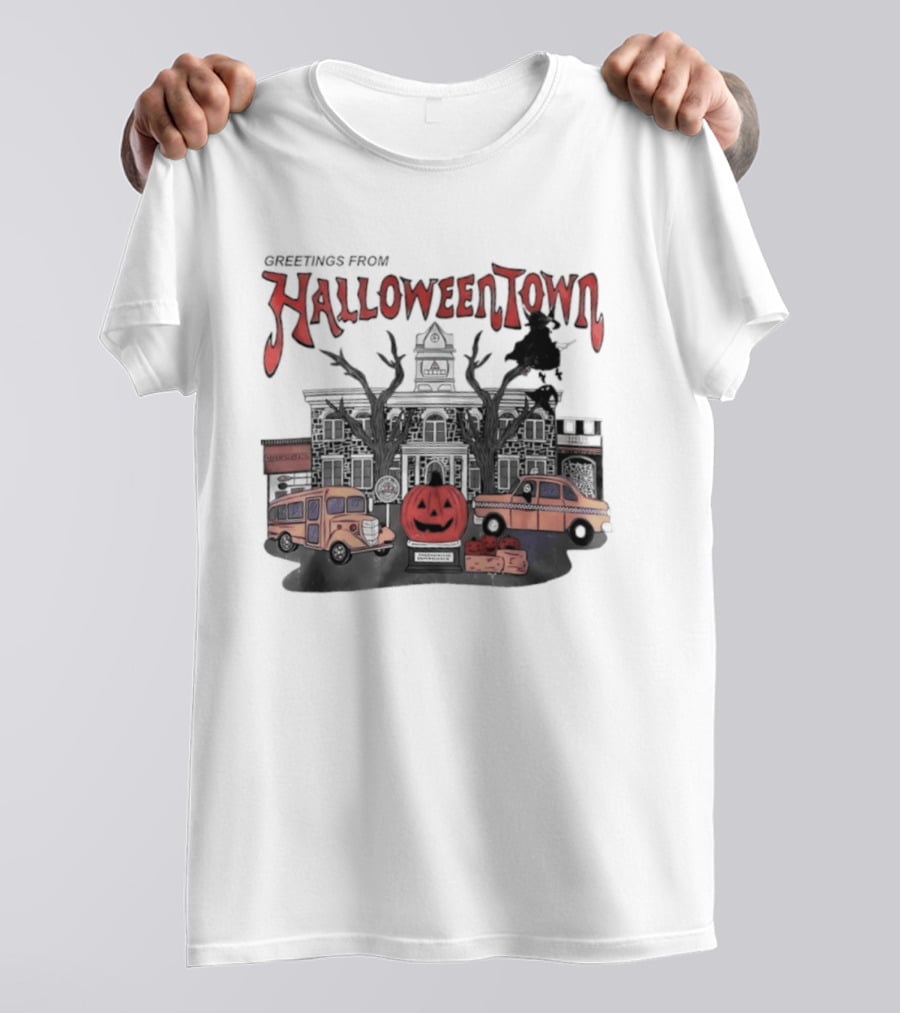 Greetings From Halloweentown Pumpkin Bus Witches Taxi T-Shirt