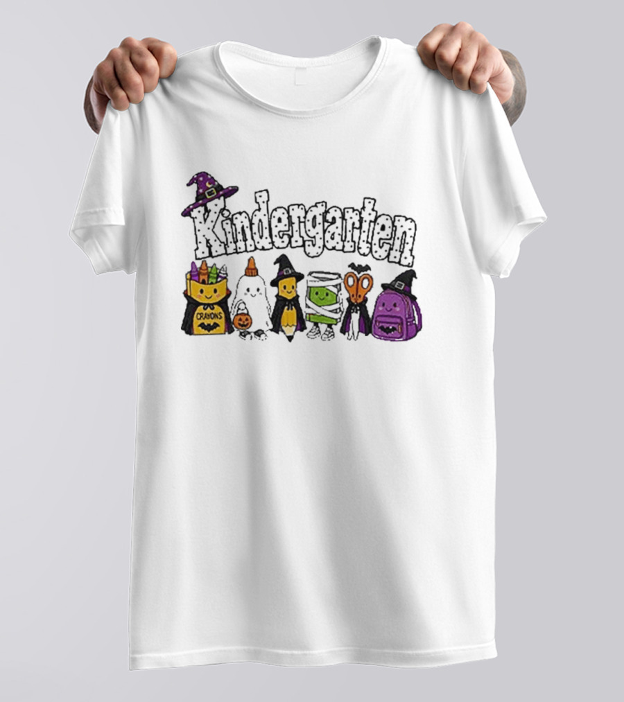 Kindergarten Crayons Ghost Bat Pumpkin Mummy Scissors Backpack Halloween T-Shirt