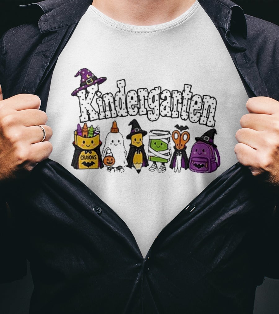 Kindergarten Crayons Ghost Bat Pumpkin Mummy Scissors Backpack Halloween T-Shirt