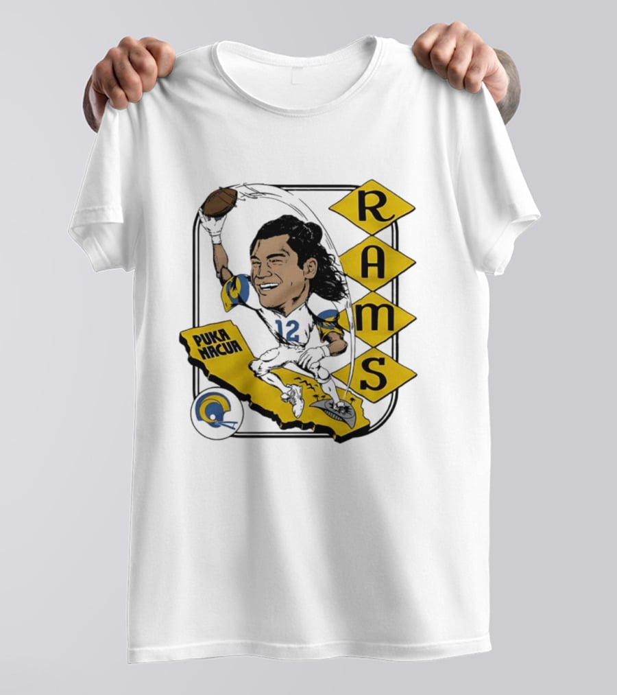 Los Angeles Rams Puka Nacua Caricature Football Player California Map T-Shirt