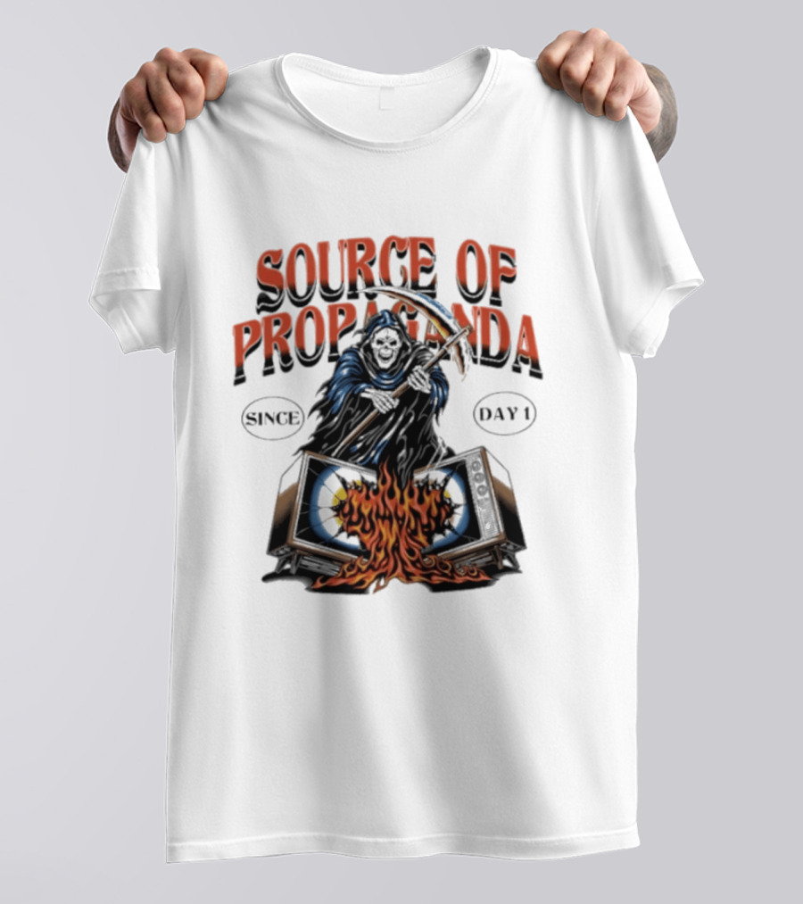 Source Of Propaganda Since Day 1 Grim Reaper Over Burning Television T-Shirt