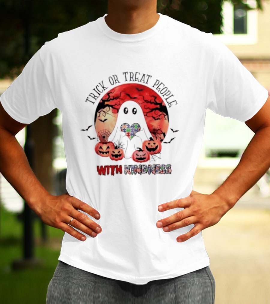 Trick Or Treat People With Kindness Autism Awareness Halloween Ghost Pumpkins T-Shirt