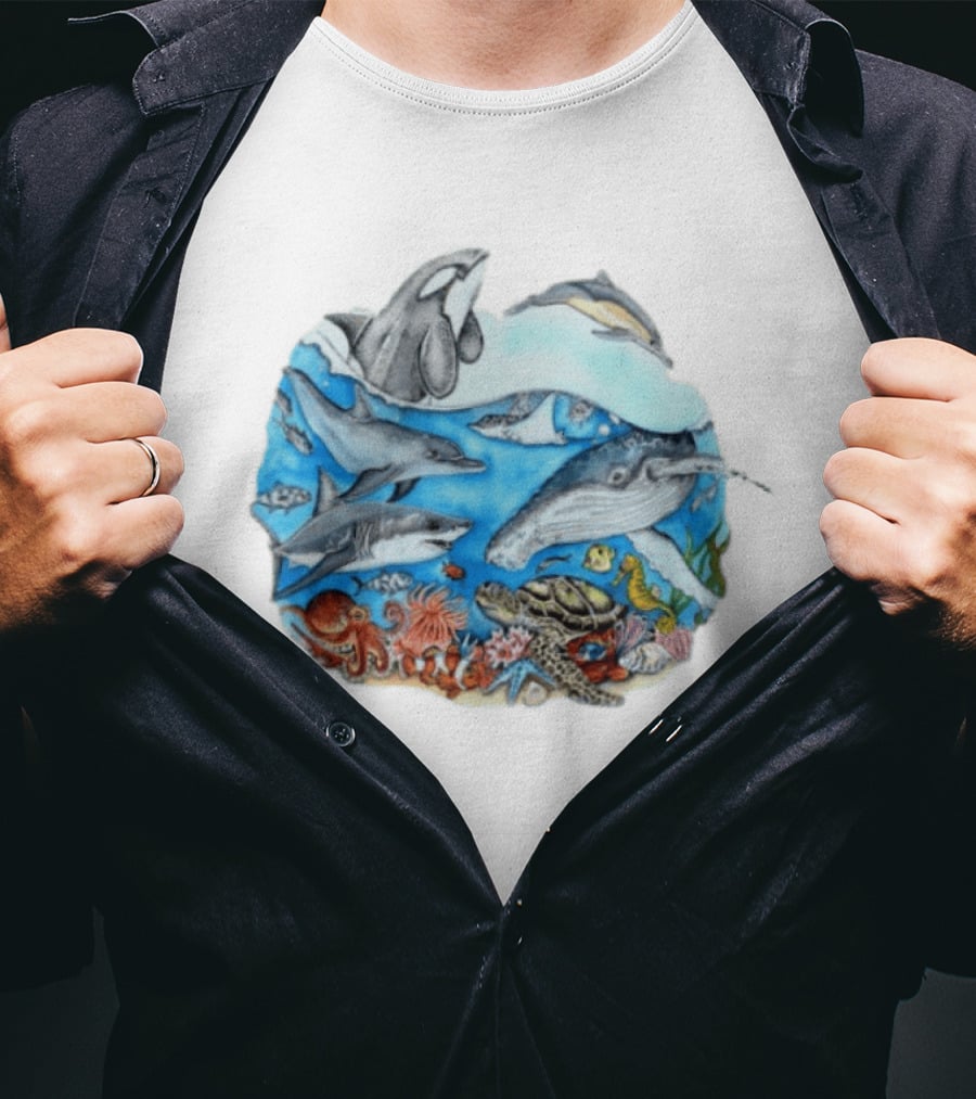 World Oceans Day Marine Life Dolphins Whales Turtles Octopus Coral Sea Animals Conservation T-Shirt