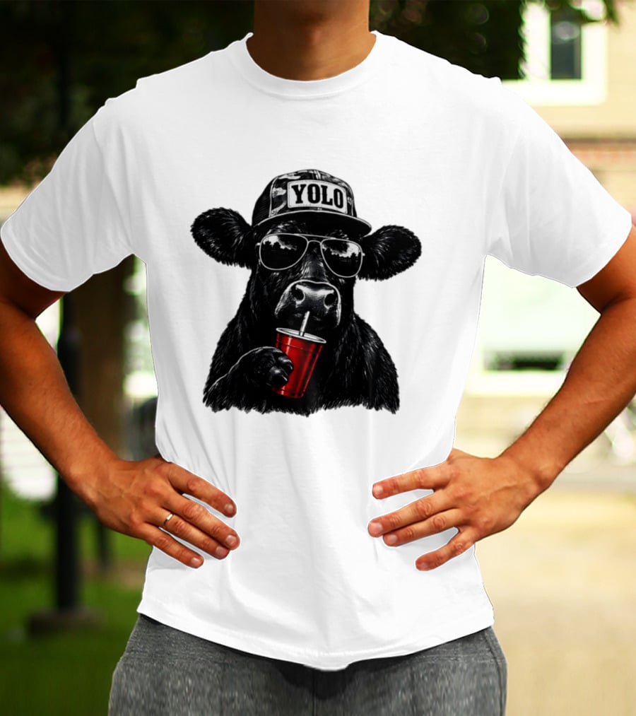 YOLO Angus Cattle With Sunglasses And Red Cup Western T-Shirt