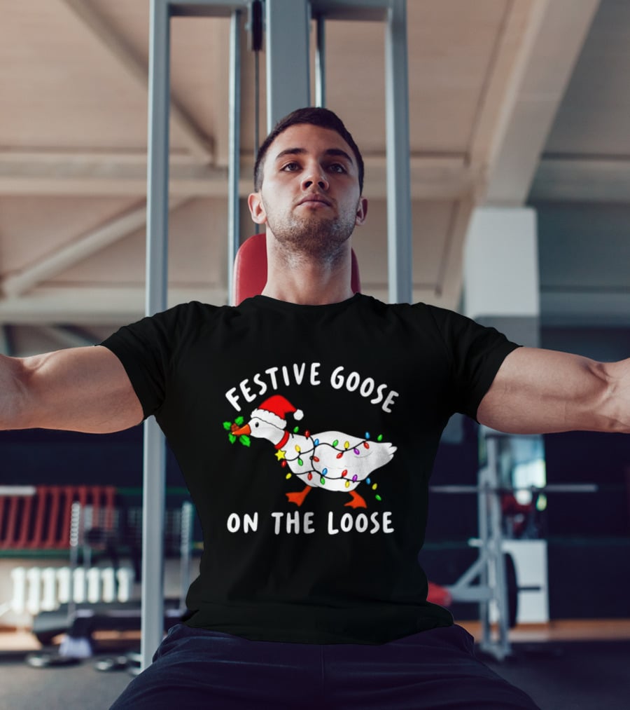 Festive Goose On The Loose With Christmas Lights And Santa Hat T-Shirt