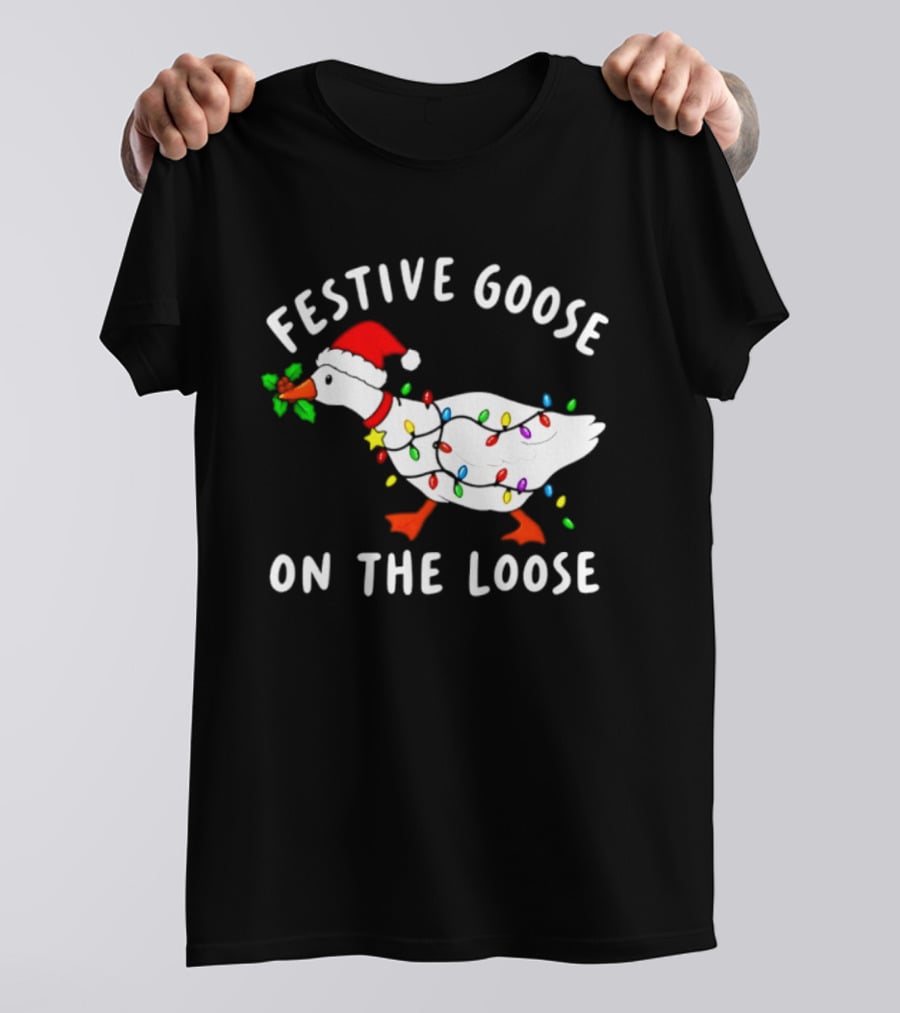 Festive Goose On The Loose With Christmas Lights And Santa Hat T-Shirt
