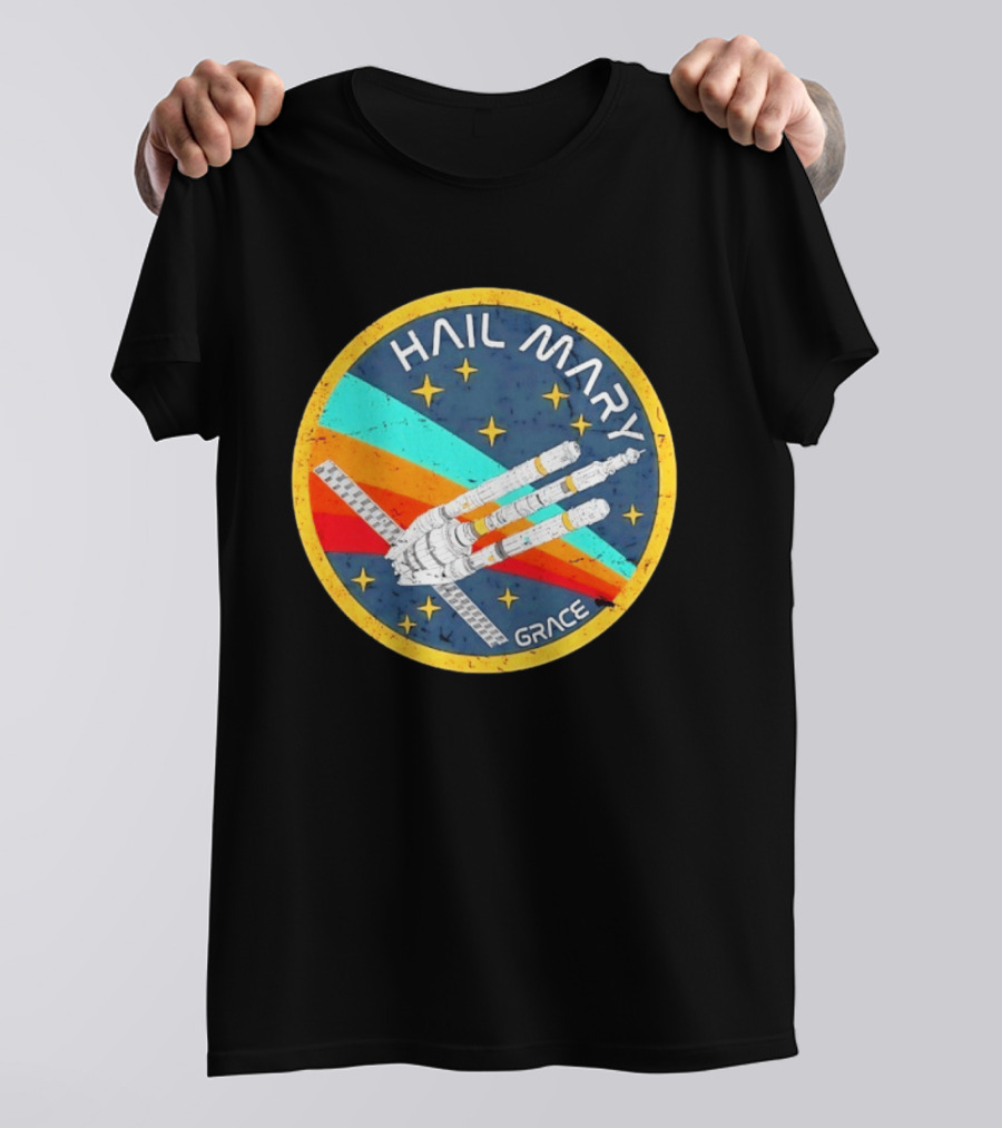 Hail Mary Grace Project Space Mission Emblem Retro Rocket T-Shirt
