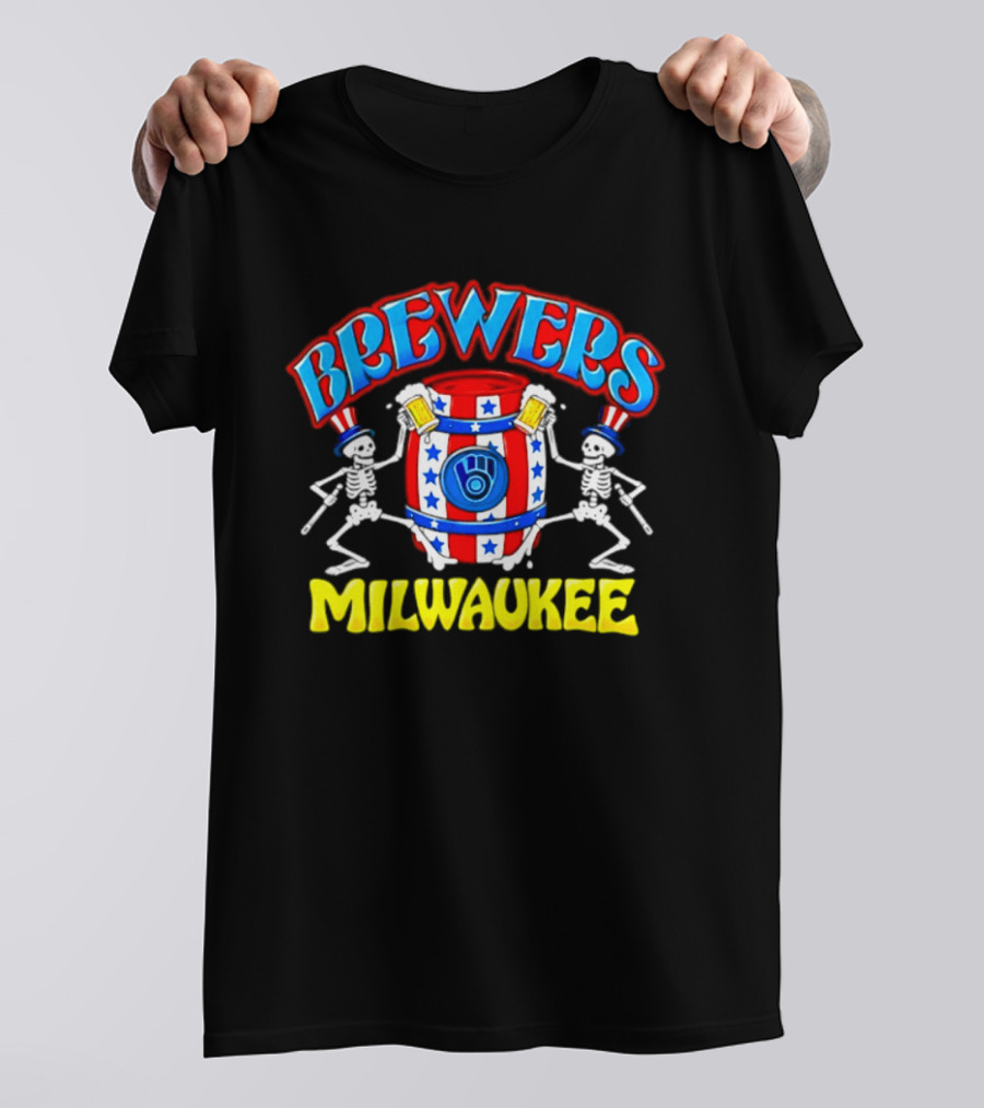 Brewers Milwaukee Skeleton Patriotic Barrel T-Shirt