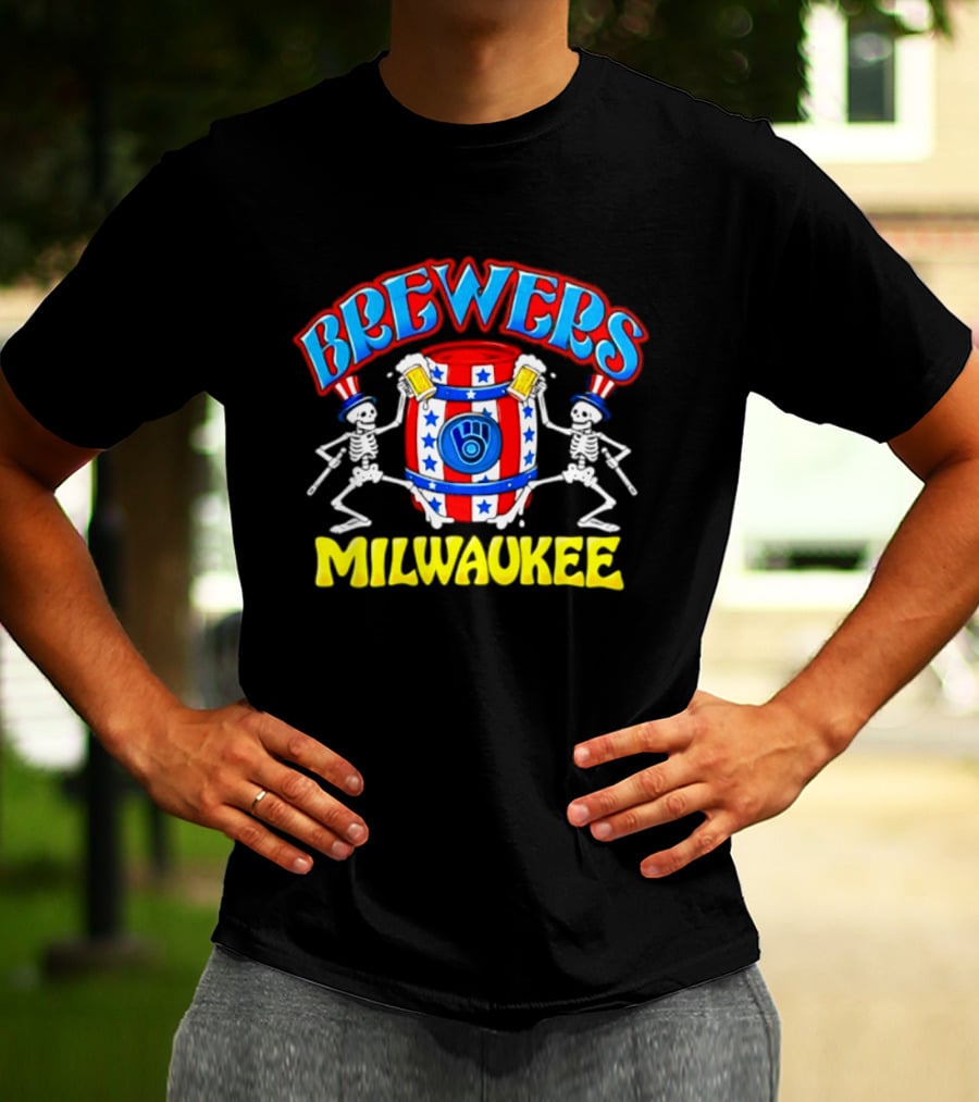 Brewers Milwaukee Skeleton Patriotic Barrel T-Shirt