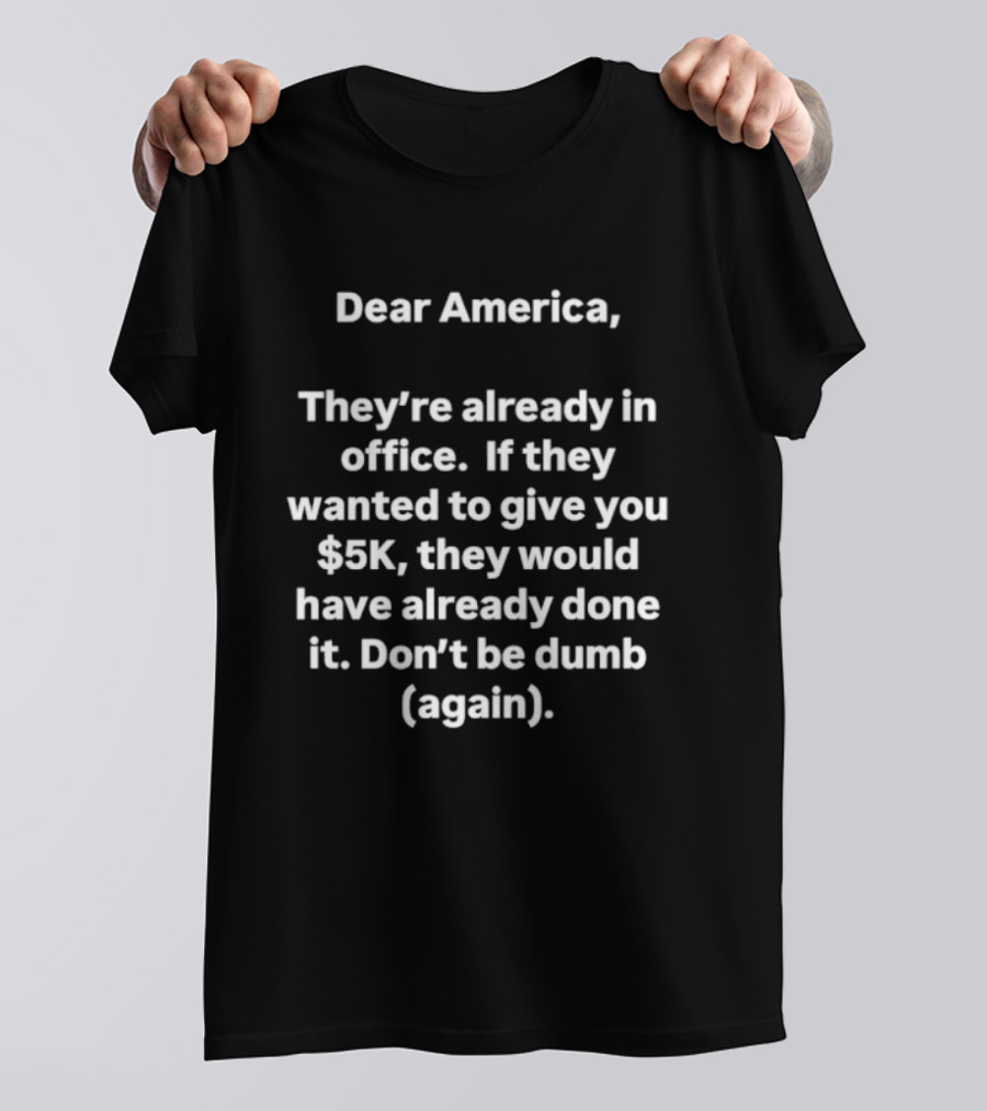 Dear America They're Already In Office If They Wanted To Give You $5K They Would Have Done It Don't Be Dumb Again T-Shirt