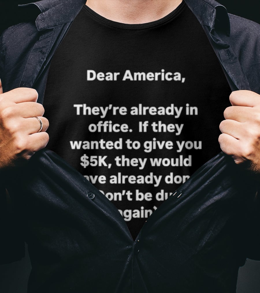Dear America They're Already In Office If They Wanted To Give You $5K They Would Have Done It Don't Be Dumb Again T-Shirt