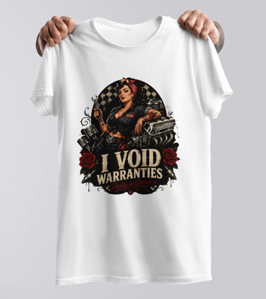 I Void Warranties Pretty In Grease Pin Up Girl Mechanic Troublemaker Engine Piston Rose Checkered T-Shirt