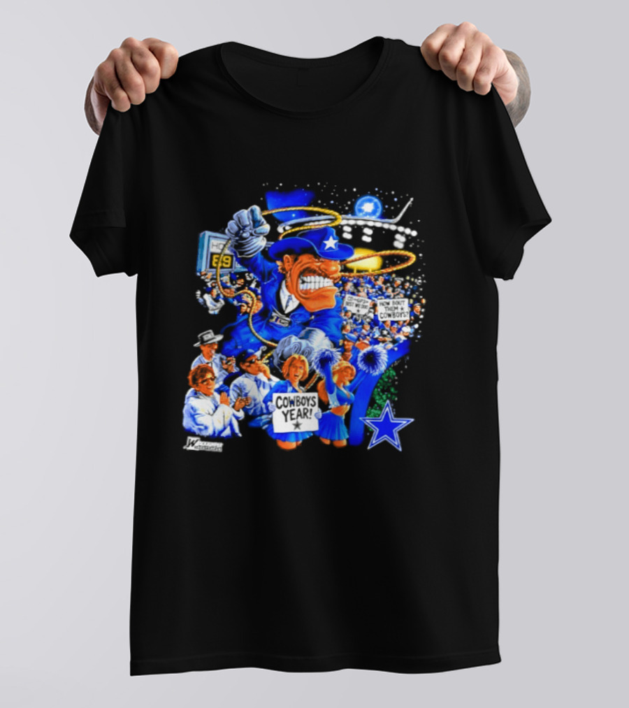 Dallas Cowboys Rowdy Mascot With Star And Cheerleaders Retro Cartoon T-Shirt