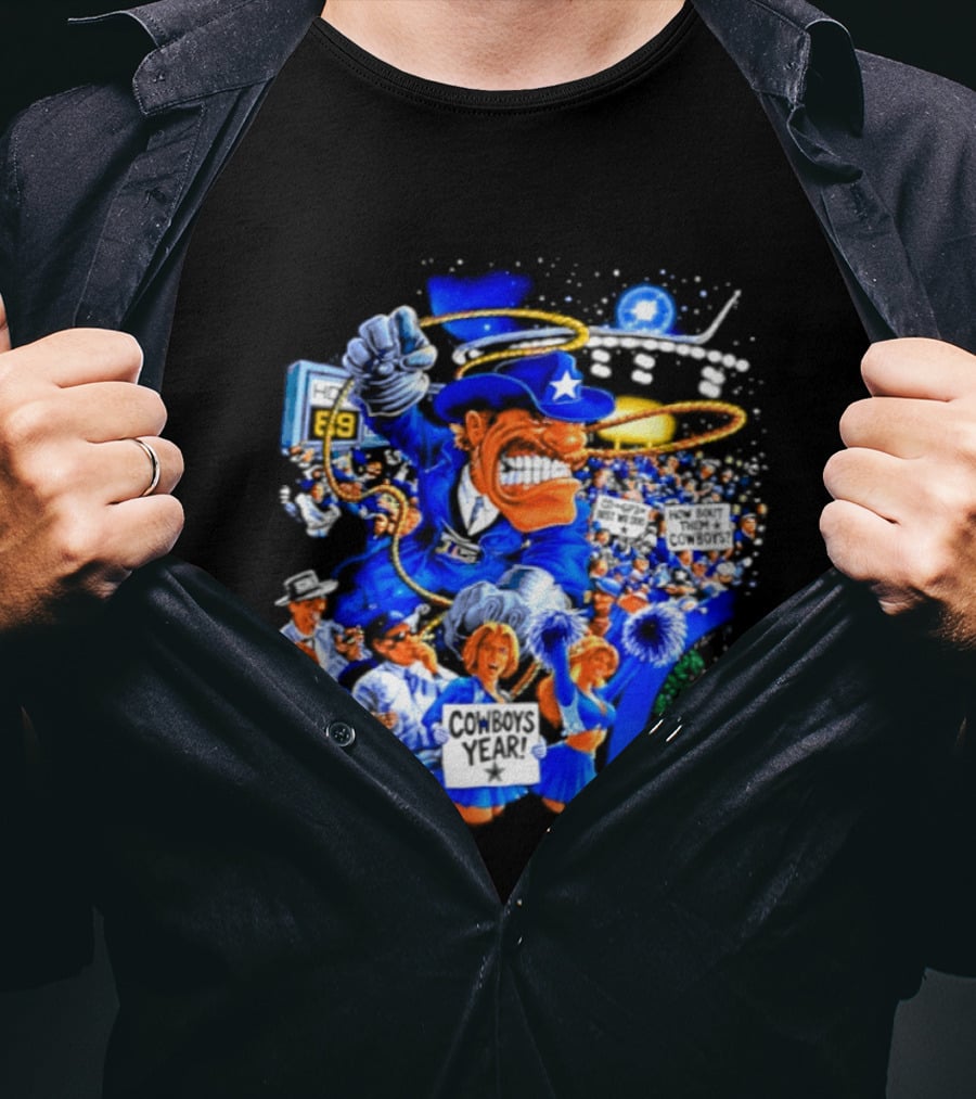 Dallas Cowboys Rowdy Mascot With Star And Cheerleaders Retro Cartoon T-Shirt