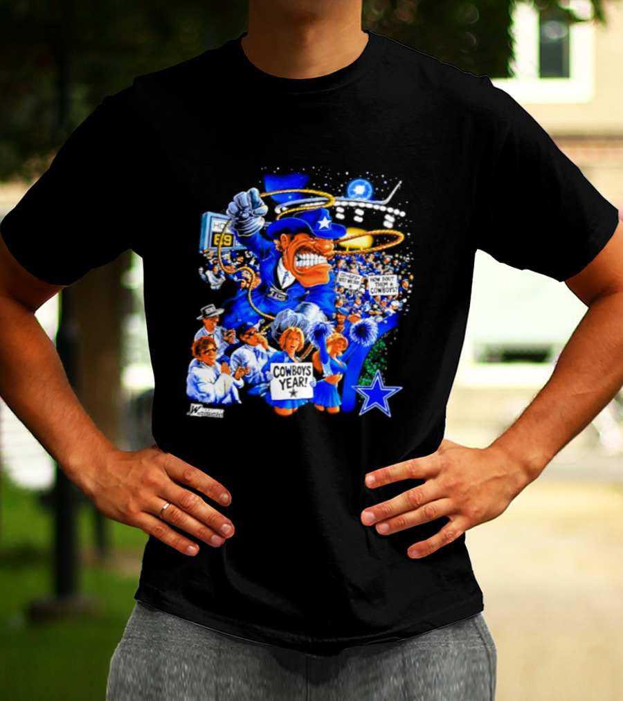 Dallas Cowboys Rowdy Mascot With Star And Cheerleaders Retro Cartoon T-Shirt