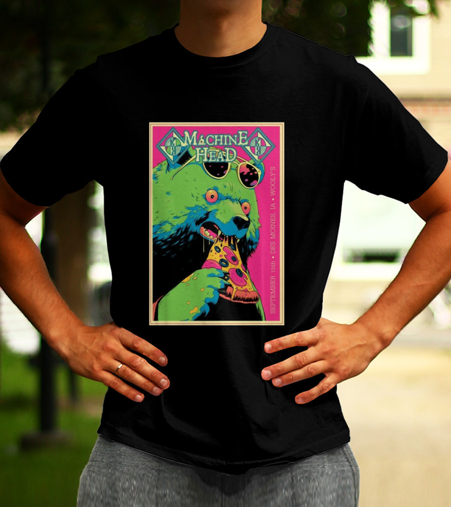 Machine Head Des Moines IA September 15 2026 Wooly's Bear Eating Pizza T-Shirt