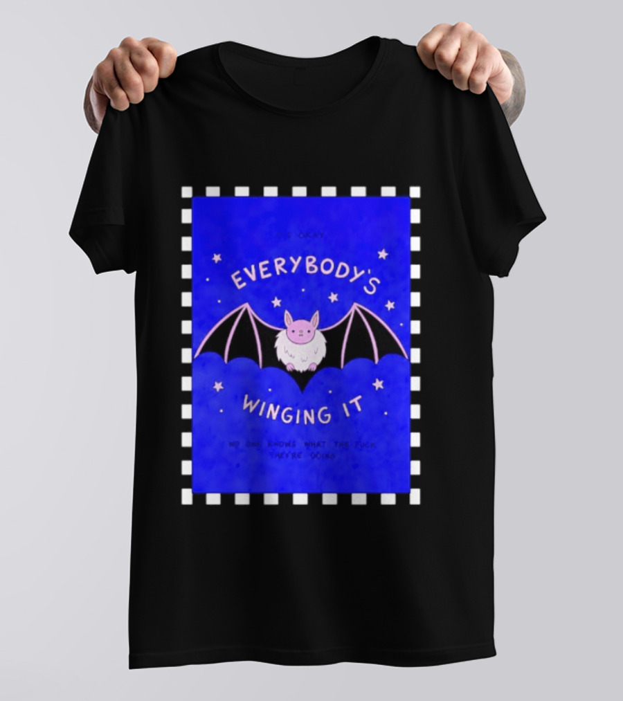 It's Okay Everybody's Winging It No One Knows What They're Doing Pink Bat With Stars T-Shirt