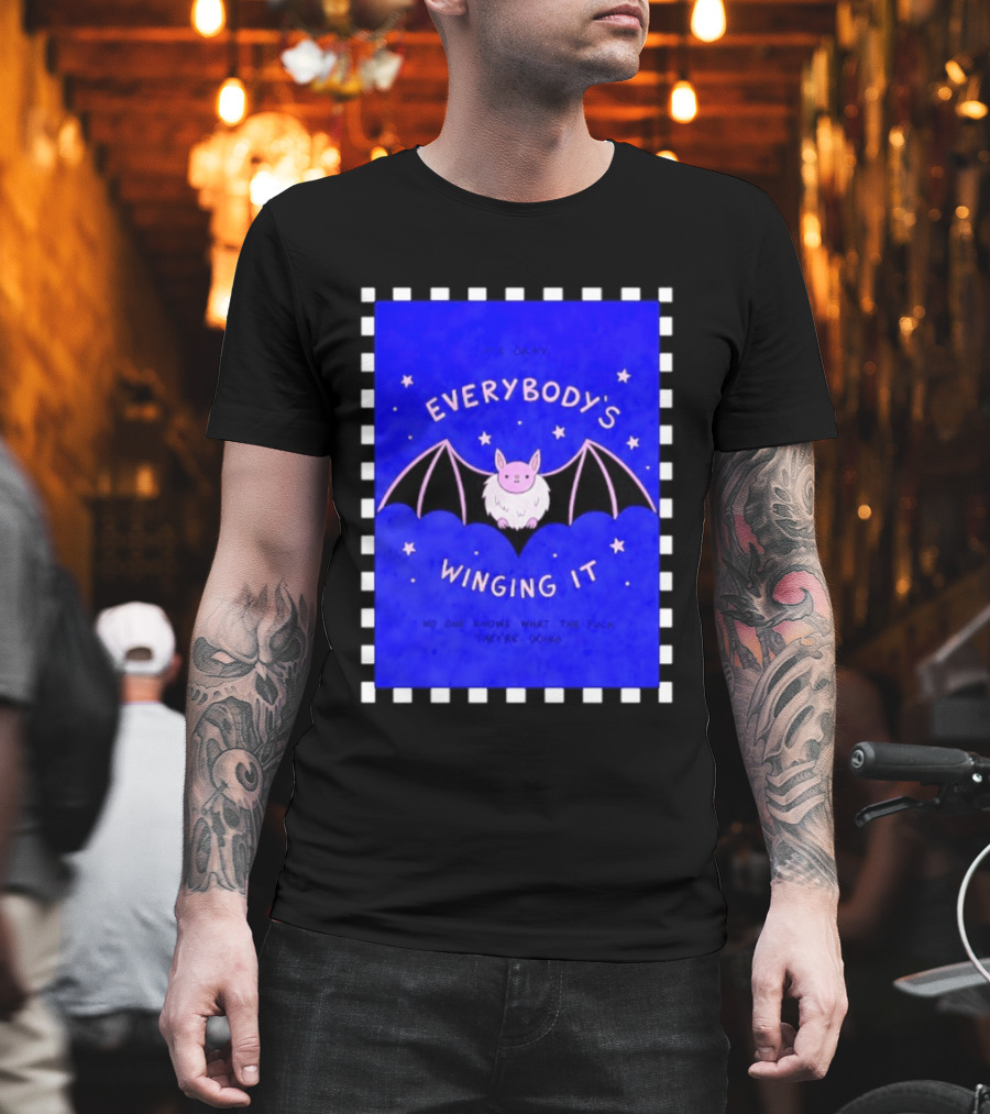 It's Okay Everybody's Winging It No One Knows What They're Doing Pink Bat With Stars T-Shirt