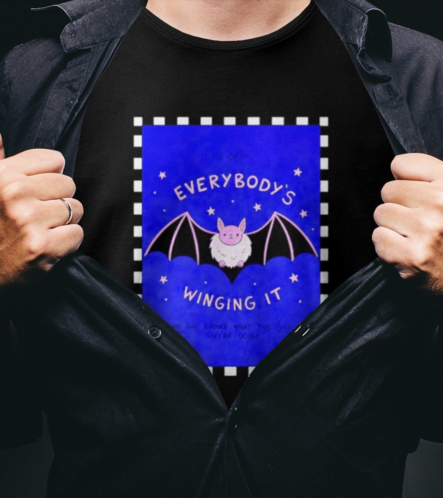 It's Okay Everybody's Winging It No One Knows What They're Doing Pink Bat With Stars T-Shirt