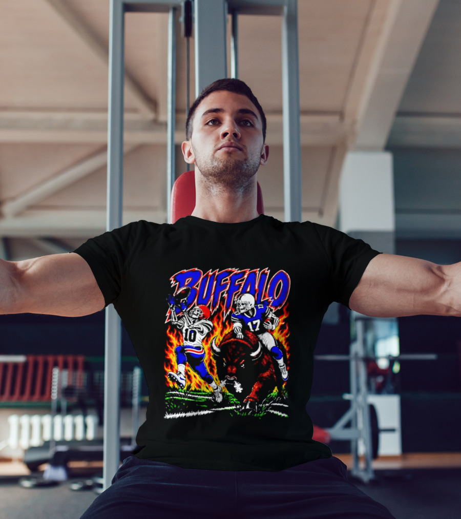 Buffalo Bills Flaming Skeleton Football Players Number 10 And 17 T-Shirt